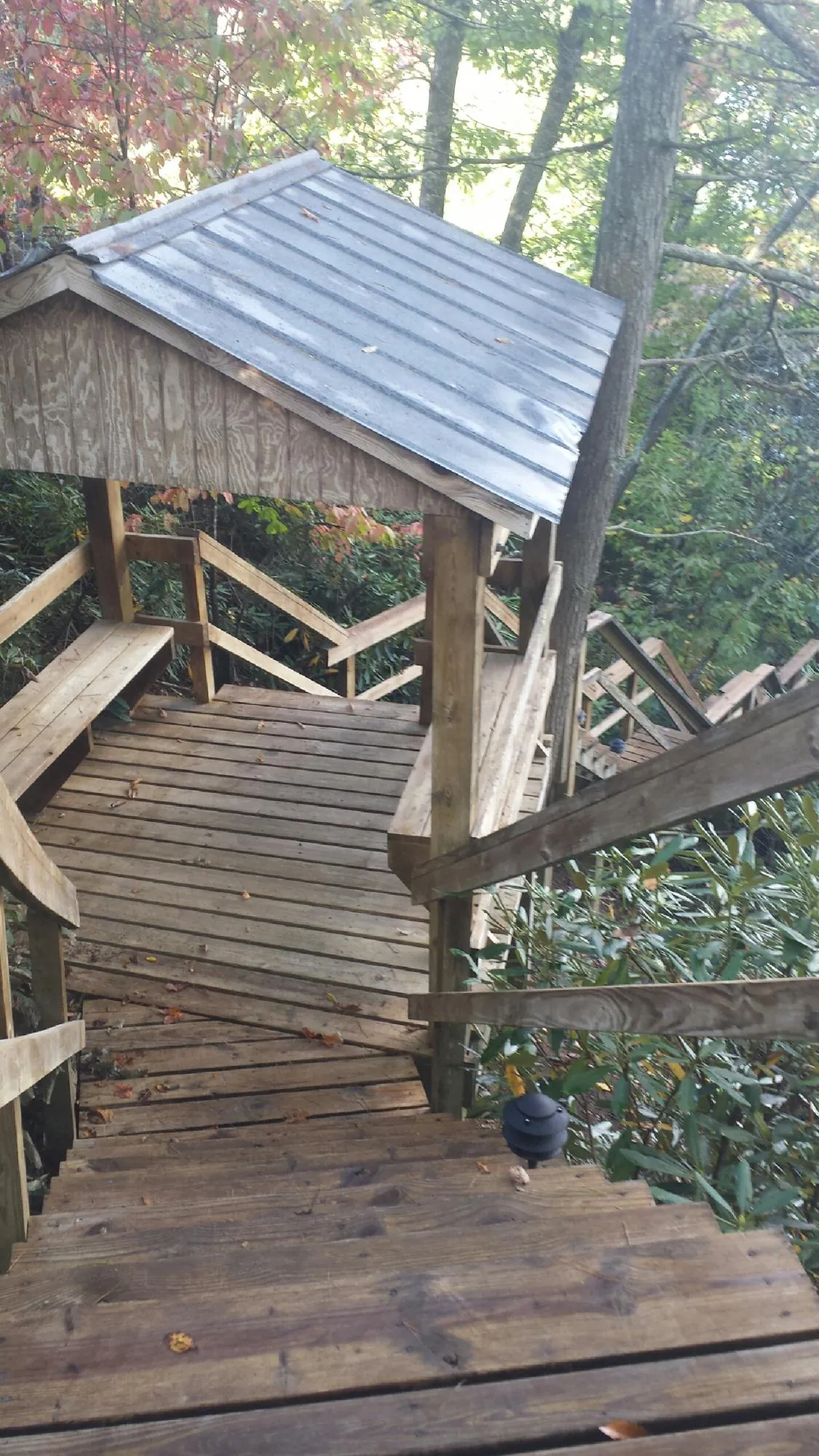 Metal roofed shelter over wooden steps on a wooded walkway — Skylight Repair & Installation work by our crew in Asher